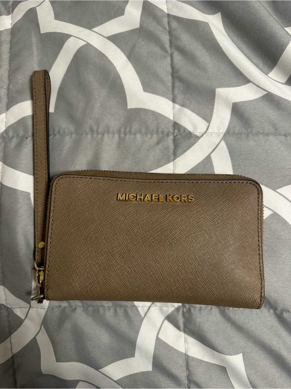 Michael Kors Taupe Saffiano Zip Wristlet Wallet with Gold Logo